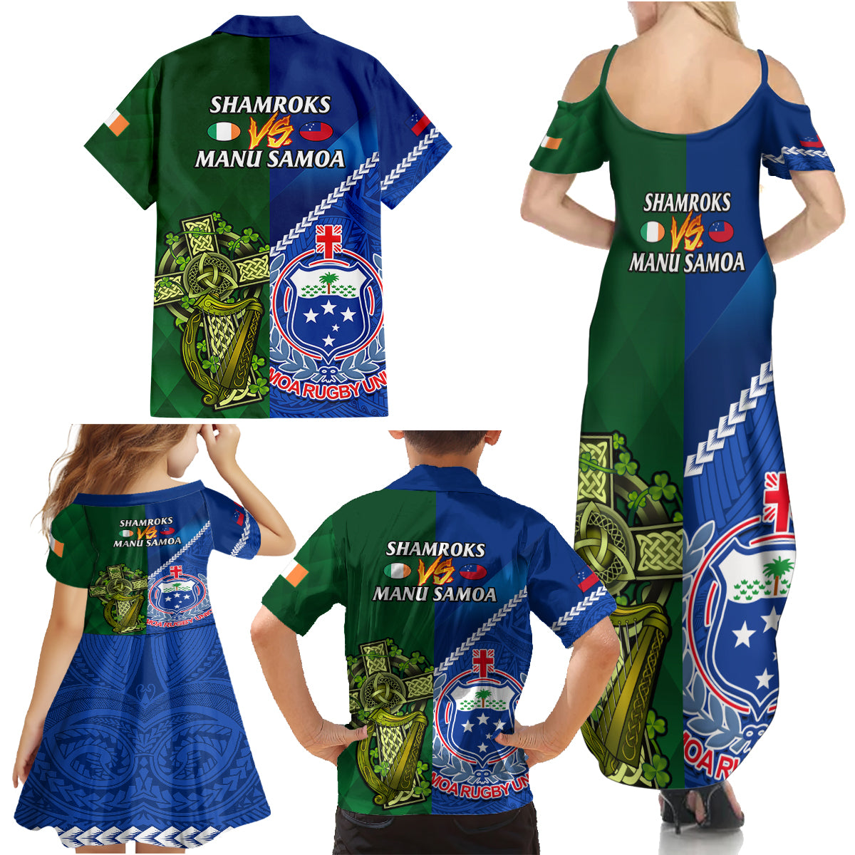 Samoa And Ireland Rugby Family Matching Summer Maxi Dress and Hawaiian Shirt 2023 World Cup Manu Samoa With Shamrocks LT14 - Polynesian Pride