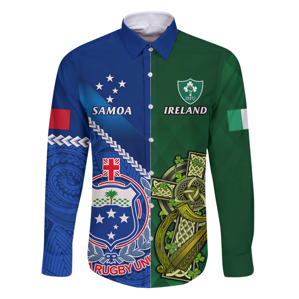 Samoa And Ireland Rugby Family Matching Summer Maxi Dress and Hawaiian Shirt 2023 World Cup Manu Samoa With Shamrocks LT14 Dad's Shirt - Long Sleeve Blue - Polynesian Pride