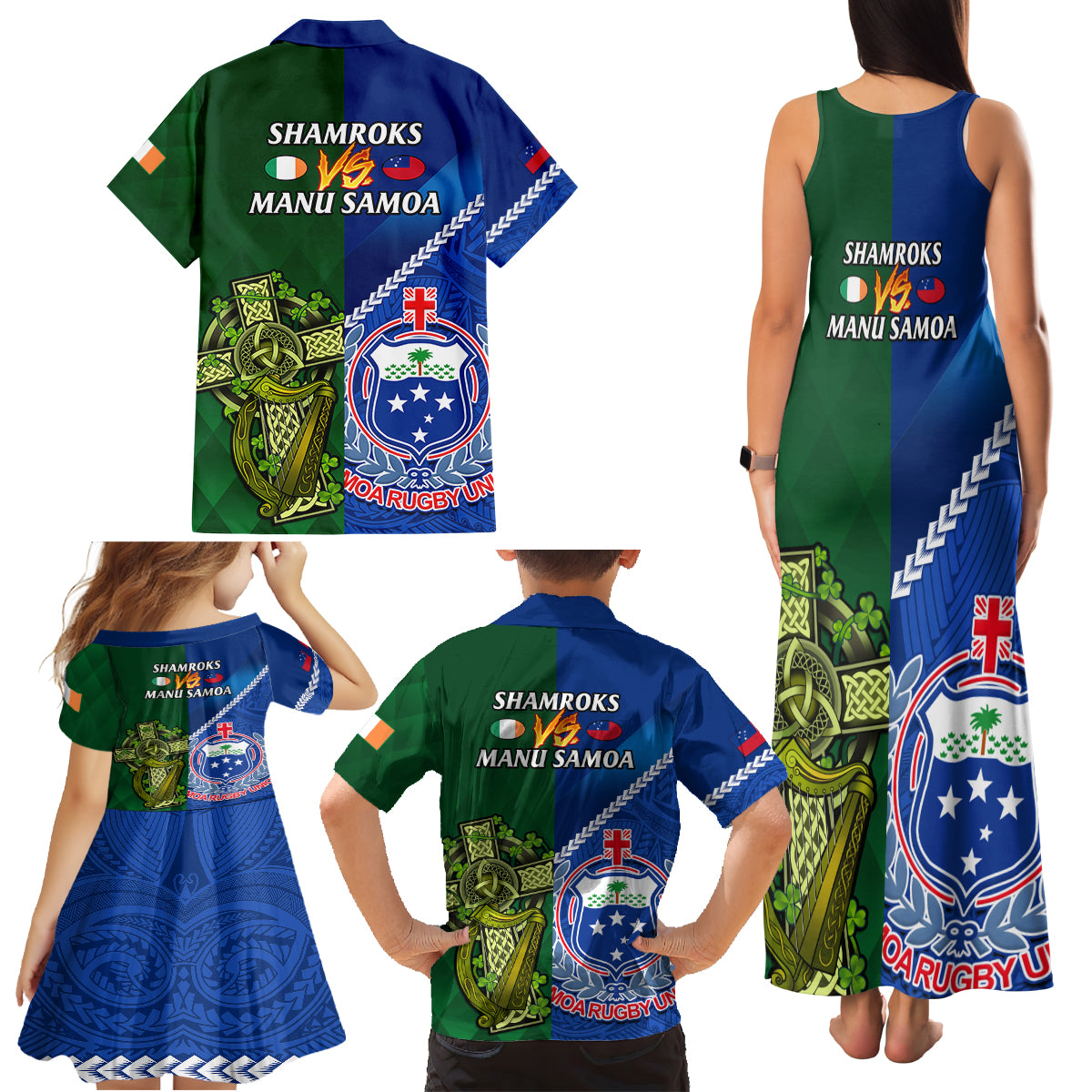 Samoa And Ireland Rugby Family Matching Tank Maxi Dress and Hawaiian Shirt 2023 World Cup Manu Samoa With Shamrocks LT14 - Polynesian Pride