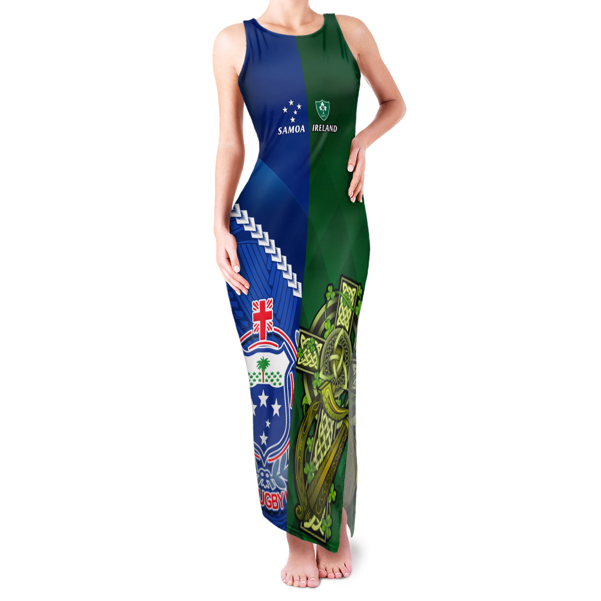 Samoa And Ireland Rugby Family Matching Tank Maxi Dress and Hawaiian Shirt 2023 World Cup Manu Samoa With Shamrocks LT14 Mom's Dress Blue - Polynesian Pride
