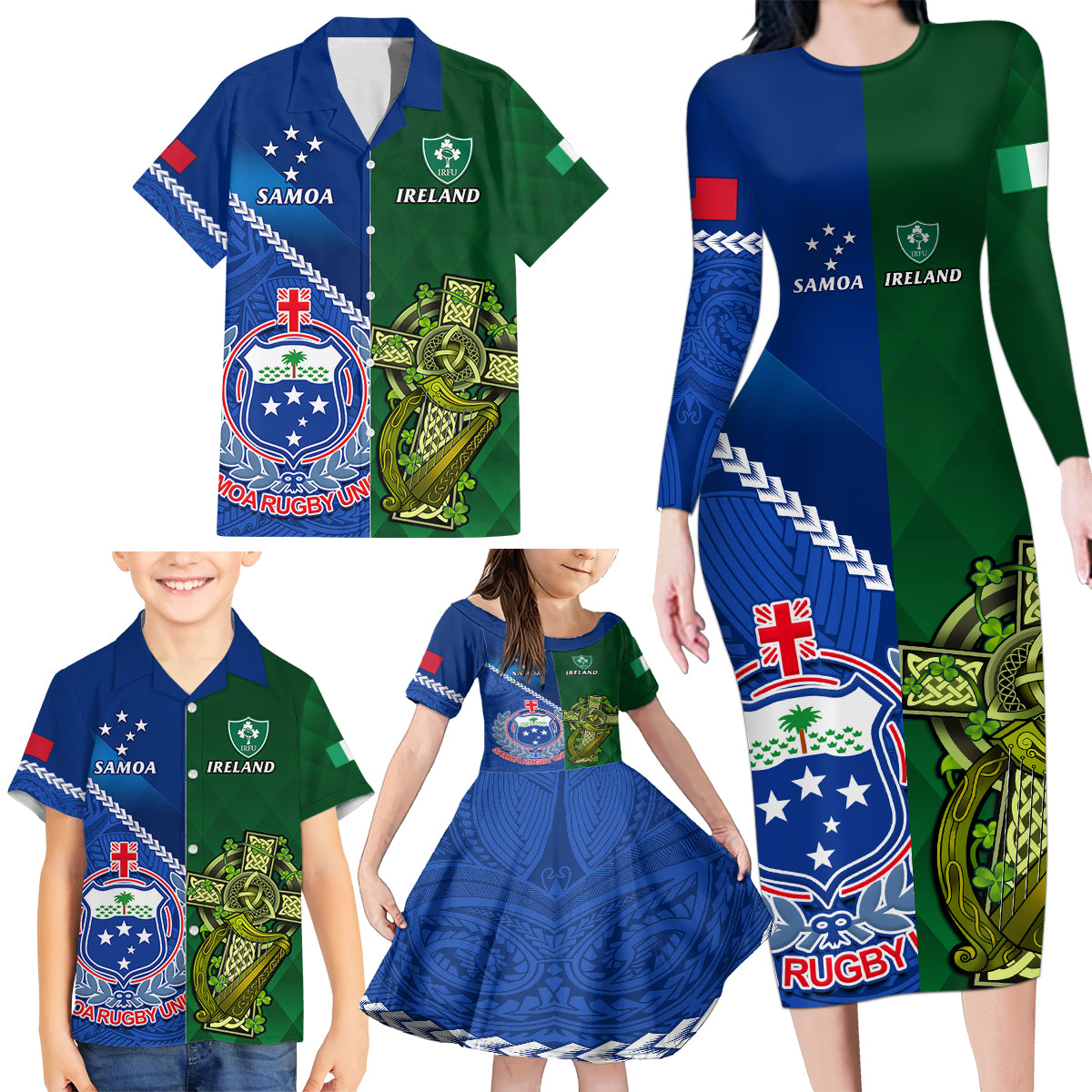 Custom Samoa And Ireland Rugby Family Matching Long Sleeve Bodycon Dress and Hawaiian Shirt 2023 World Cup Manu Samoa With Shamrocks LT14 - Polynesian Pride