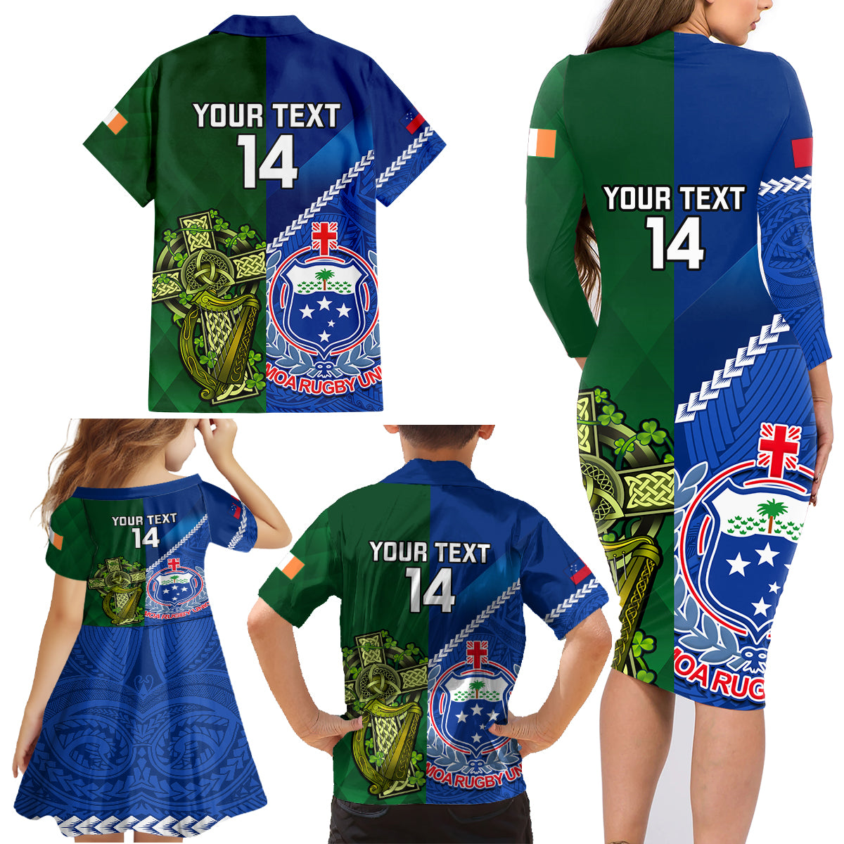 Custom Samoa And Ireland Rugby Family Matching Long Sleeve Bodycon Dress and Hawaiian Shirt 2023 World Cup Manu Samoa With Shamrocks LT14 - Polynesian Pride