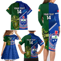 Custom Samoa And Ireland Rugby Family Matching Long Sleeve Bodycon Dress and Hawaiian Shirt 2023 World Cup Manu Samoa With Shamrocks LT14 - Polynesian Pride