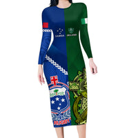Custom Samoa And Ireland Rugby Family Matching Long Sleeve Bodycon Dress and Hawaiian Shirt 2023 World Cup Manu Samoa With Shamrocks LT14 Mom's Dress Blue - Polynesian Pride