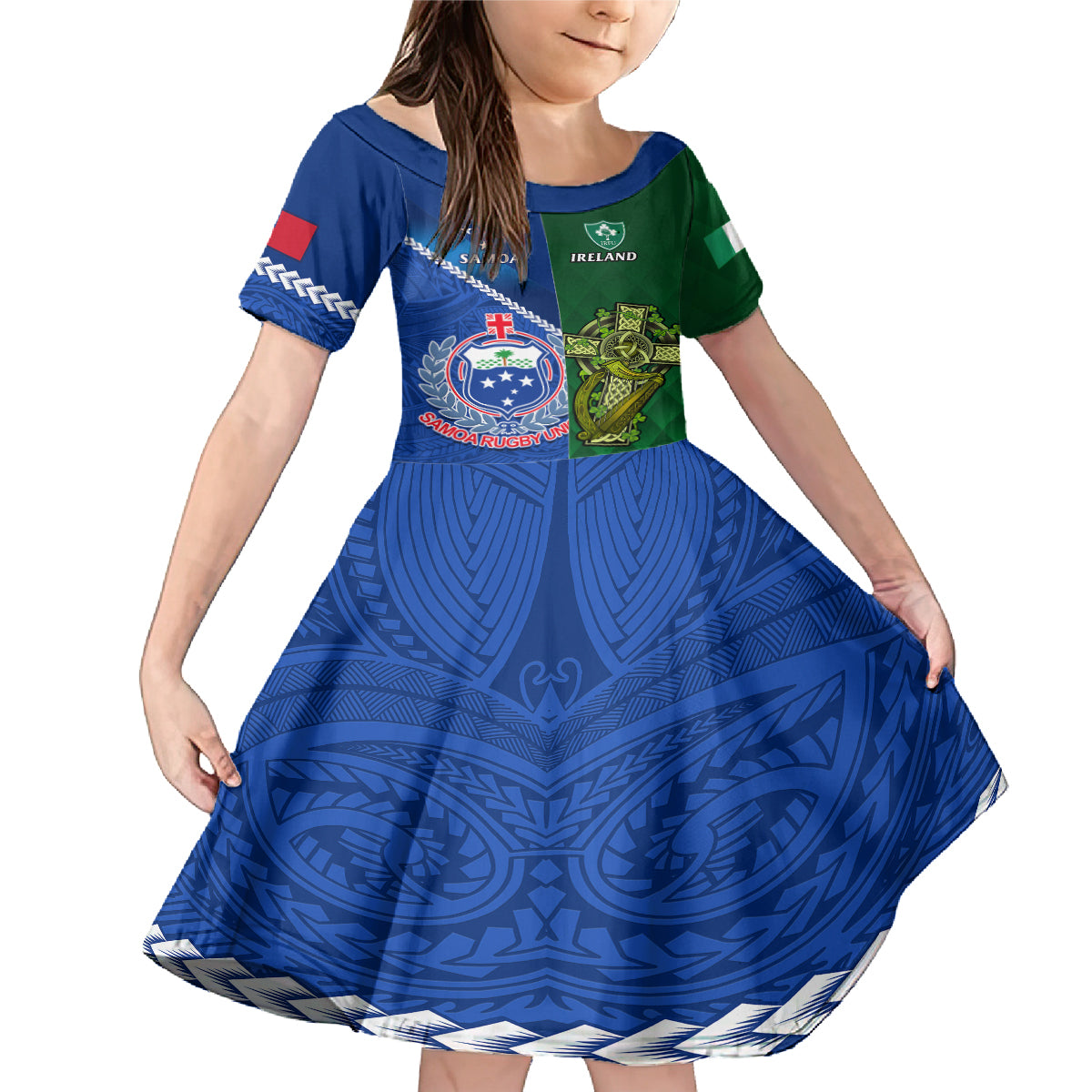 Custom Samoa And Ireland Rugby Family Matching Mermaid Dress and Hawaiian Shirt 2023 World Cup Manu Samoa With Shamrocks LT14 Daughter's Dress Blue - Polynesian Pride