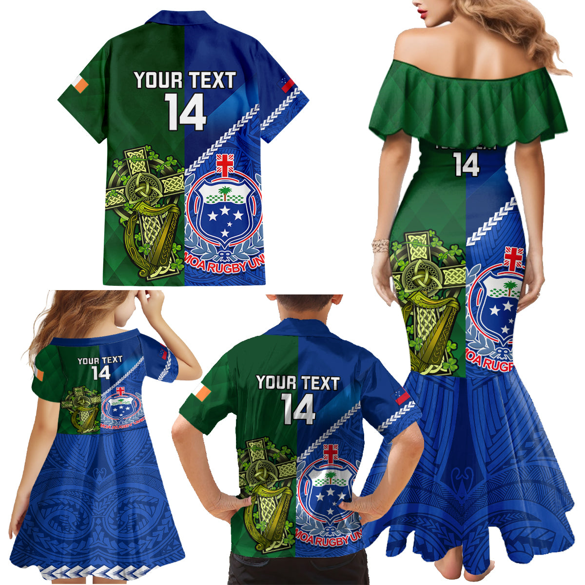 Custom Samoa And Ireland Rugby Family Matching Mermaid Dress and Hawaiian Shirt 2023 World Cup Manu Samoa With Shamrocks LT14 - Polynesian Pride