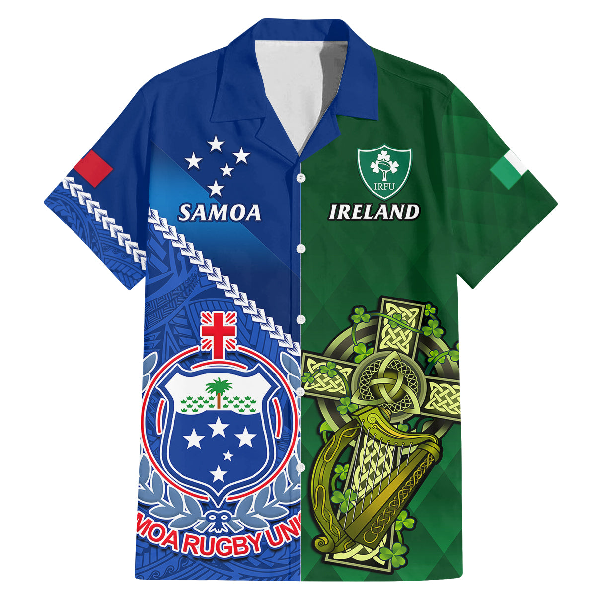 Custom Samoa And Ireland Rugby Family Matching Mermaid Dress and Hawaiian Shirt 2023 World Cup Manu Samoa With Shamrocks LT14 Dad's Shirt - Short Sleeve Blue - Polynesian Pride