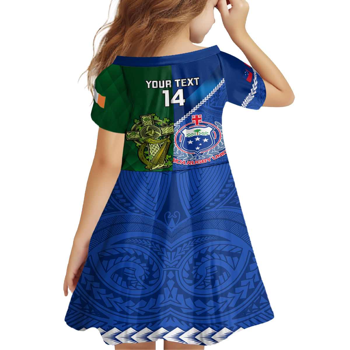 Custom Samoa And Ireland Rugby Family Matching Off Shoulder Long Sleeve Dress and Hawaiian Shirt 2023 World Cup Manu Samoa With Shamrocks LT14 - Polynesian Pride