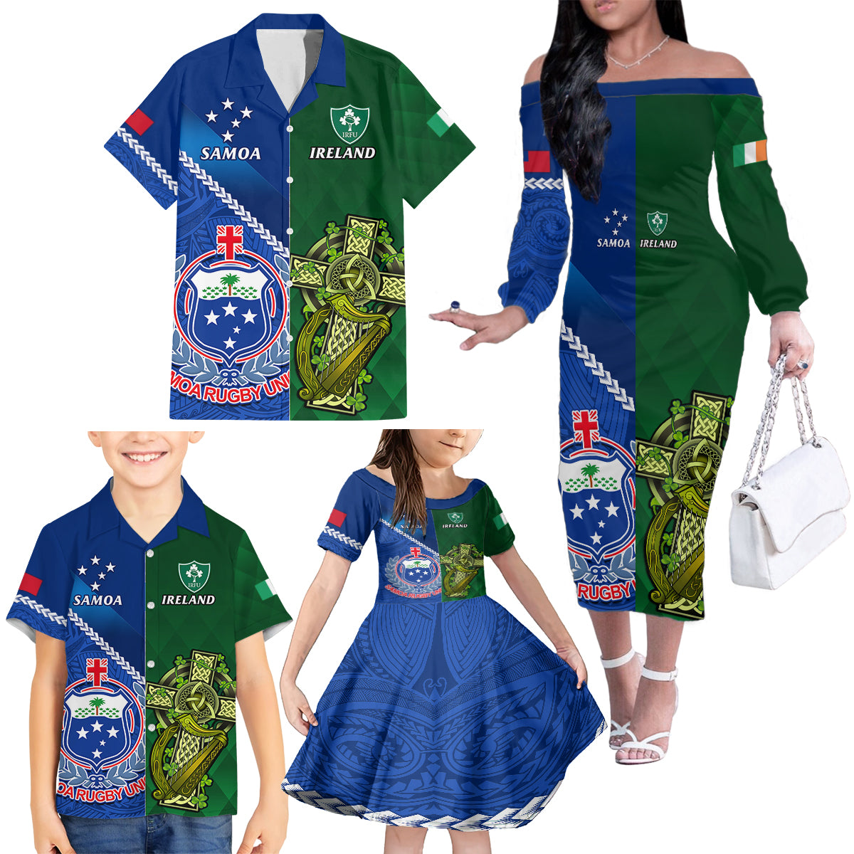 Custom Samoa And Ireland Rugby Family Matching Off Shoulder Long Sleeve Dress and Hawaiian Shirt 2023 World Cup Manu Samoa With Shamrocks LT14 - Polynesian Pride