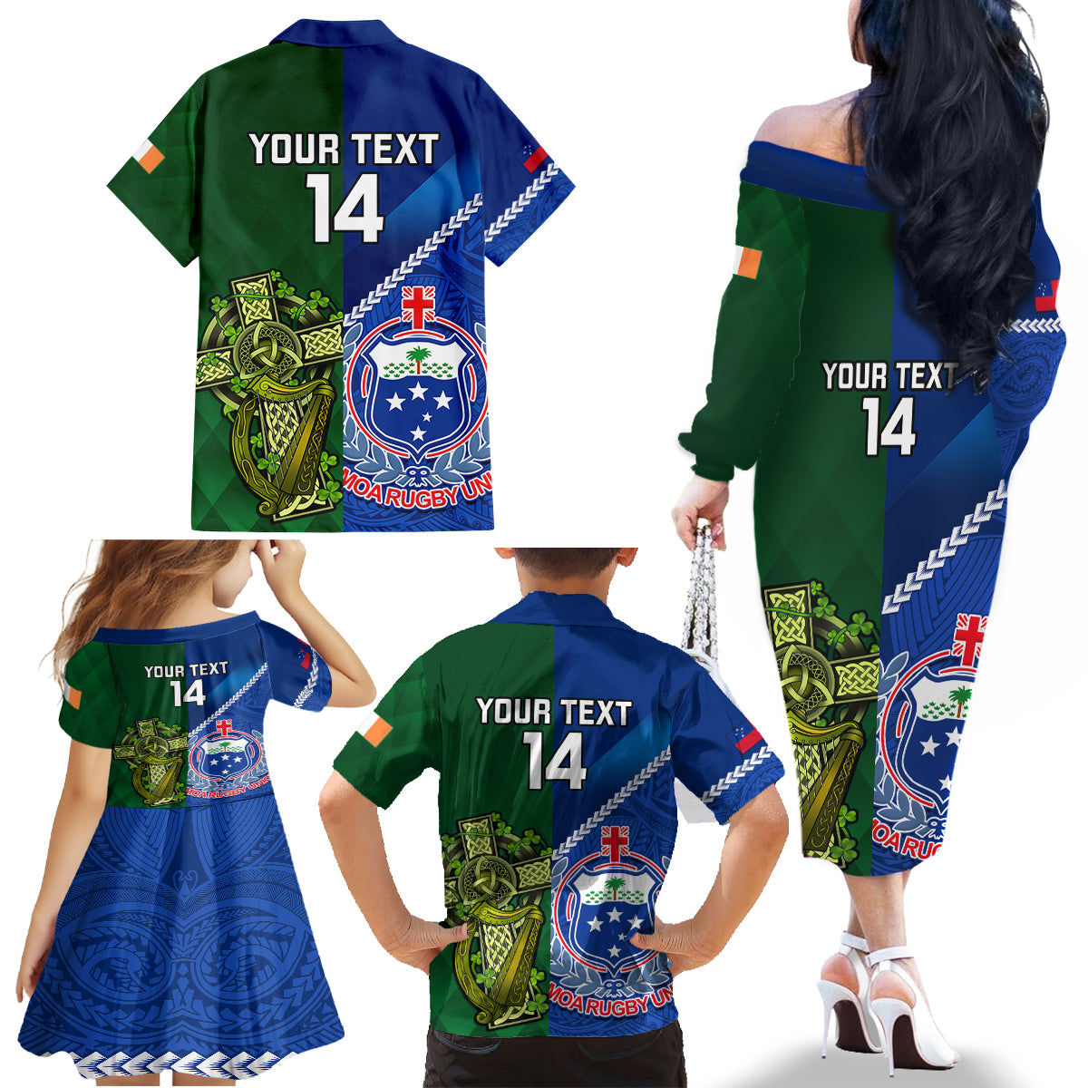 Custom Samoa And Ireland Rugby Family Matching Off Shoulder Long Sleeve Dress and Hawaiian Shirt 2023 World Cup Manu Samoa With Shamrocks LT14 - Polynesian Pride