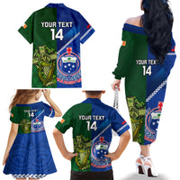 Custom Samoa And Ireland Rugby Family Matching Off Shoulder Long Sleeve Dress and Hawaiian Shirt 2023 World Cup Manu Samoa With Shamrocks LT14 - Polynesian Pride