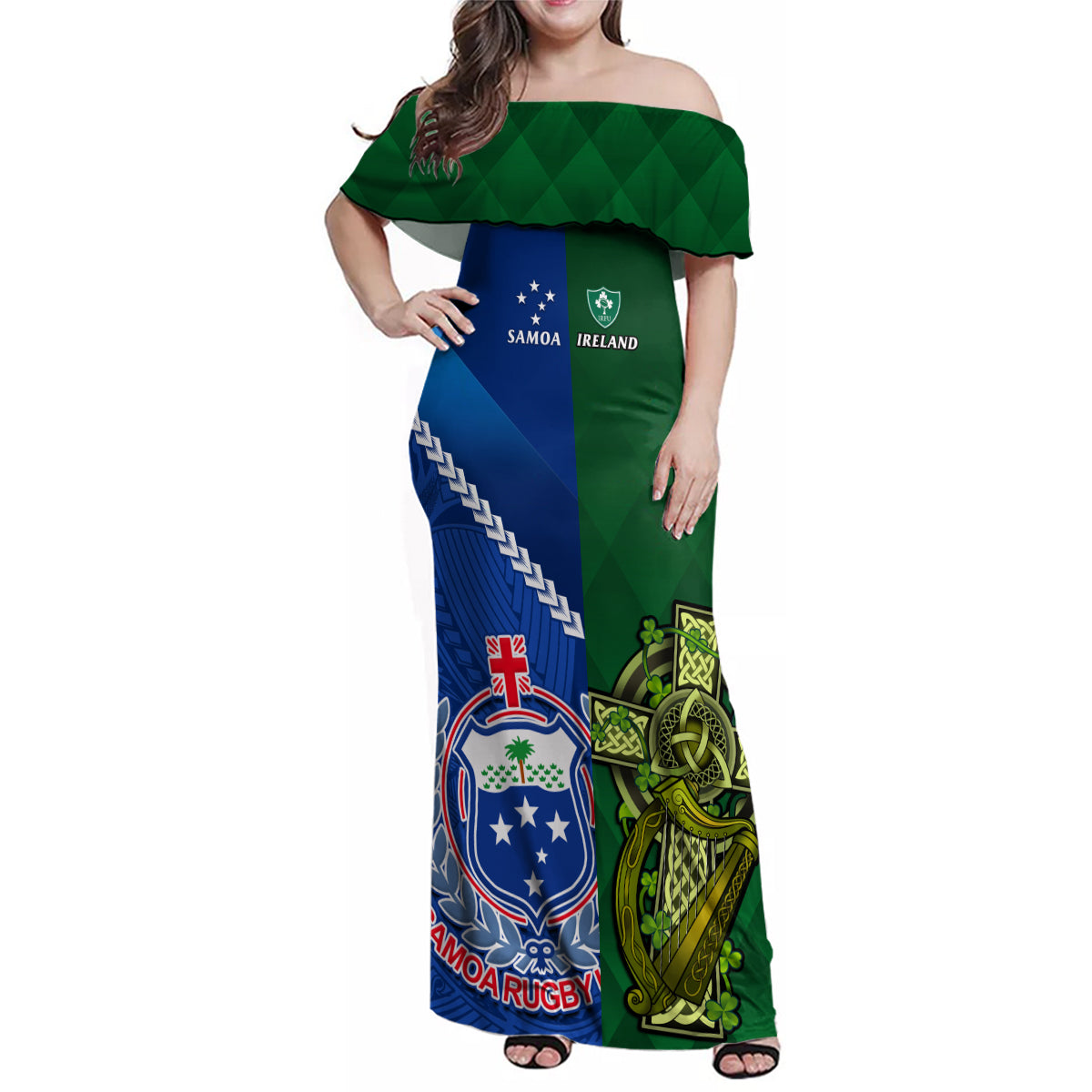 custom-samoa-and-ireland-rugby-family-matching-off-shoulder-maxi-dress-and-hawaiian-shirt-2023-world-cup-manu-samoa-with-shamrocks