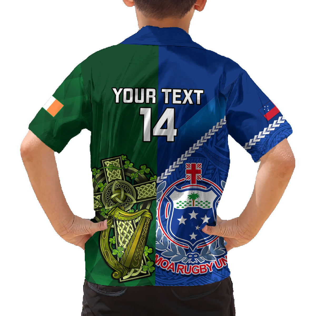 Custom Samoa And Ireland Rugby Family Matching Off Shoulder Short Dress and Hawaiian Shirt 2023 World Cup Manu Samoa With Shamrocks LT14 - Polynesian Pride