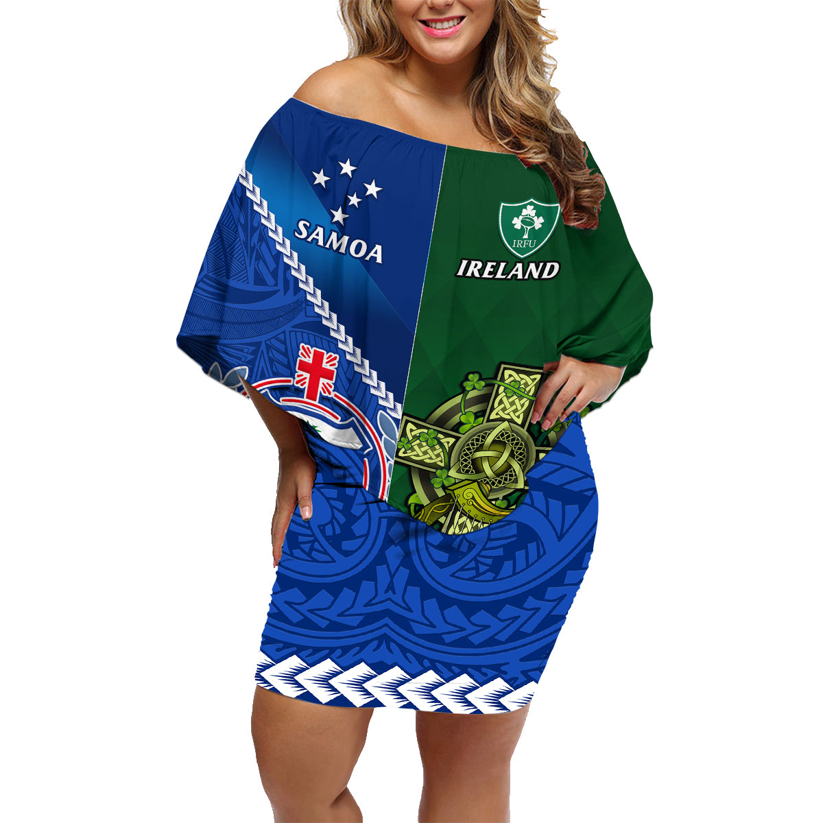 Custom Samoa And Ireland Rugby Family Matching Off Shoulder Short Dress and Hawaiian Shirt 2023 World Cup Manu Samoa With Shamrocks LT14 Mom's Dress Blue - Polynesian Pride