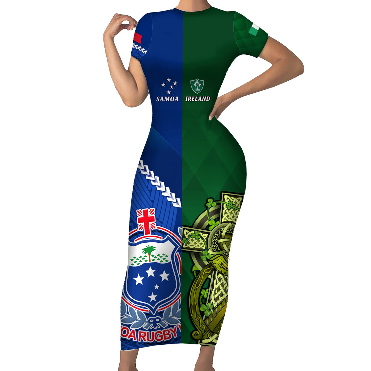 Custom Samoa And Ireland Rugby Family Matching Short Sleeve Bodycon Dress and Hawaiian Shirt 2023 World Cup Manu Samoa With Shamrocks LT14 Mom's Dress Blue - Polynesian Pride
