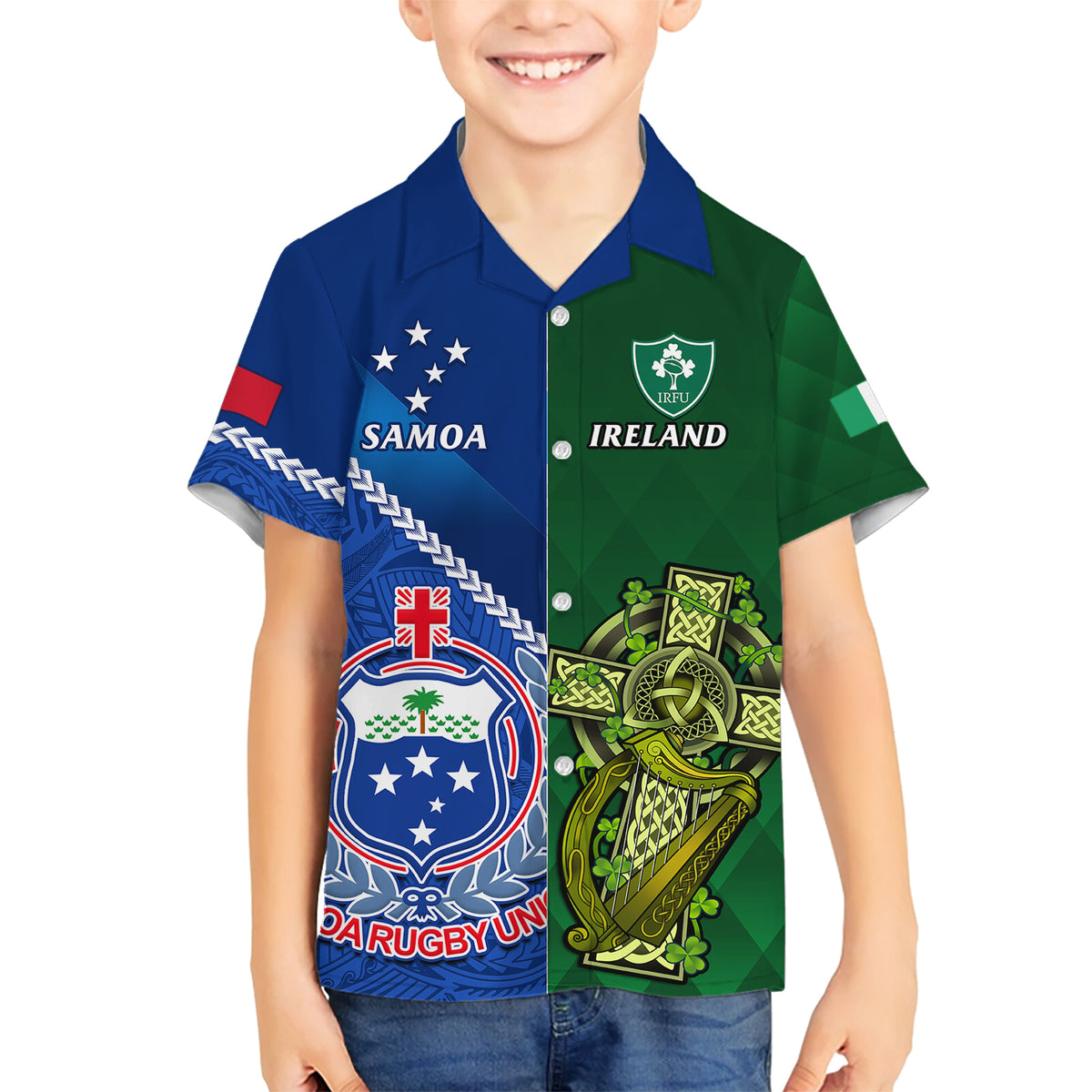 Custom Samoa And Ireland Rugby Family Matching Short Sleeve Bodycon Dress and Hawaiian Shirt 2023 World Cup Manu Samoa With Shamrocks LT14 Son's Shirt Blue - Polynesian Pride