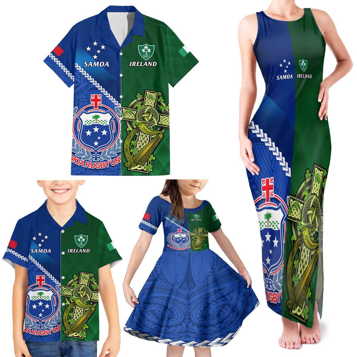 Custom Samoa And Ireland Rugby Family Matching Tank Maxi Dress and Hawaiian Shirt 2023 World Cup Manu Samoa With Shamrocks LT14 - Polynesian Pride