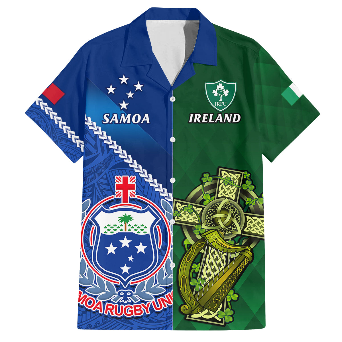 Custom Samoa And Ireland Rugby Family Matching Tank Maxi Dress and Hawaiian Shirt 2023 World Cup Manu Samoa With Shamrocks LT14 Dad's Shirt - Short Sleeve Blue - Polynesian Pride