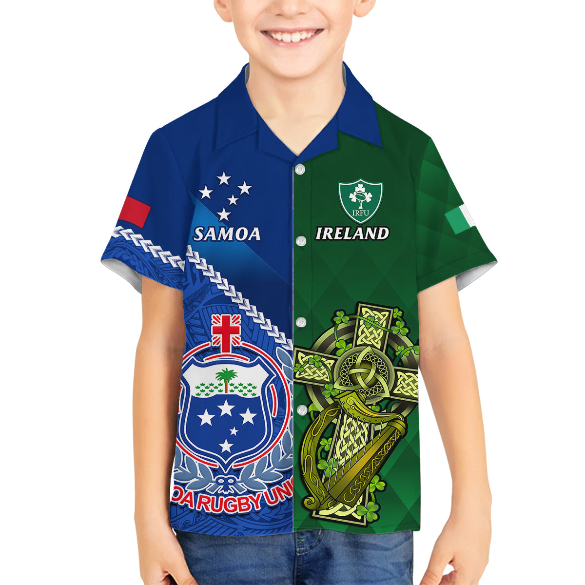 Custom Samoa And Ireland Rugby Family Matching Tank Maxi Dress and Hawaiian Shirt 2023 World Cup Manu Samoa With Shamrocks LT14 Son's Shirt Blue - Polynesian Pride