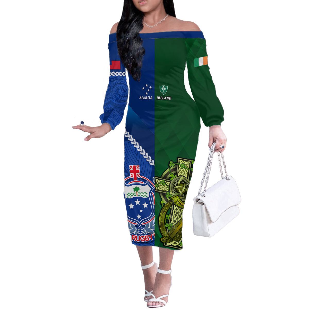Custom Samoa And Ireland Rugby Off The Shoulder Long Sleeve Dress 2023 World Cup Manu Samoa With Shamrocks LT14 Women Blue - Polynesian Pride