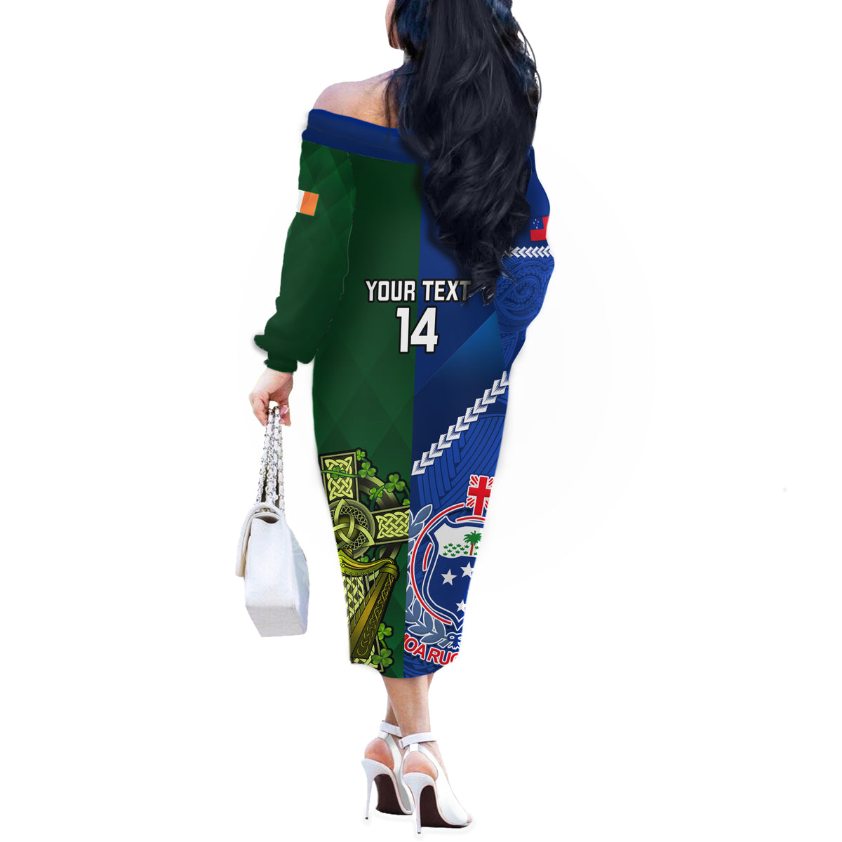Custom Samoa And Ireland Rugby Off The Shoulder Long Sleeve Dress 2023 World Cup Manu Samoa With Shamrocks LT14 - Polynesian Pride