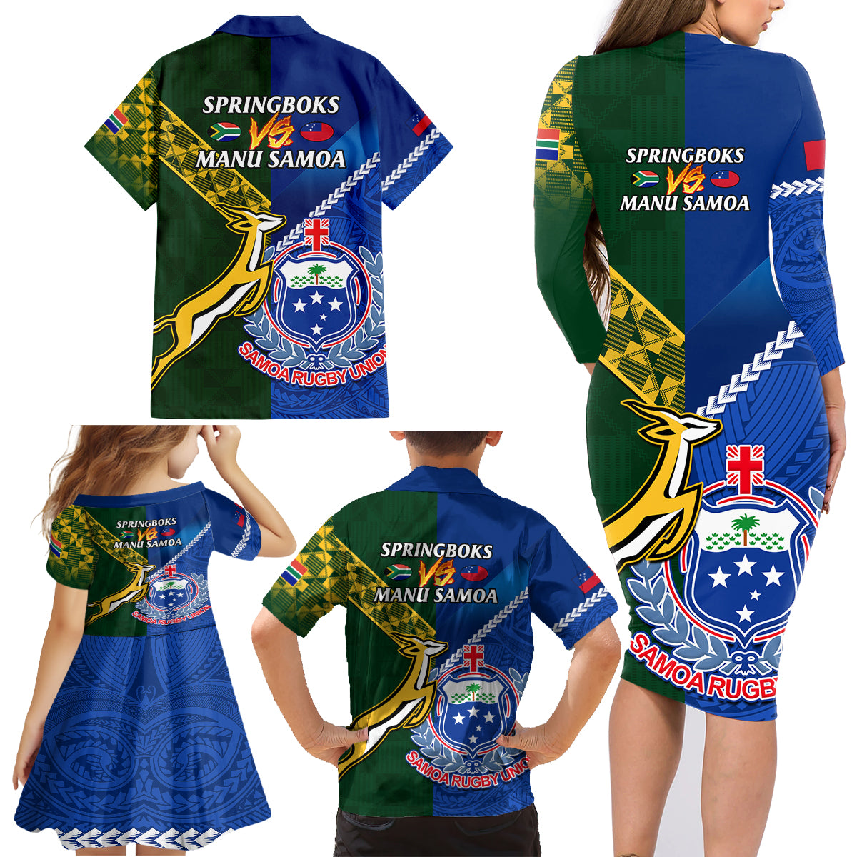Samoa And South Africa Rugby Family Matching Long Sleeve Bodycon Dress and Hawaiian Shirt 2023 World Cup Manu Samoa With Springboks LT14 - Polynesian Pride