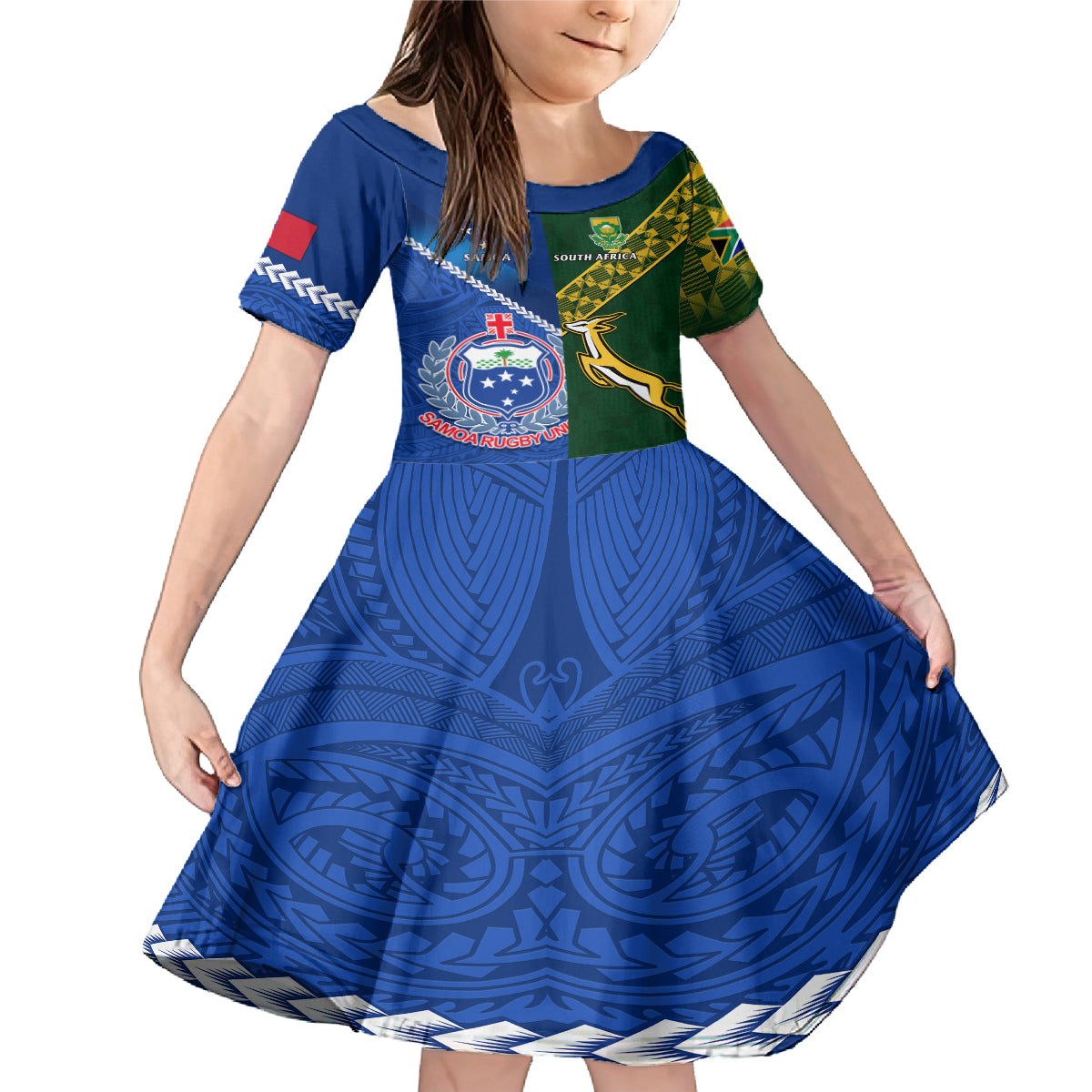 Samoa And South Africa Rugby Family Matching Mermaid Dress and Hawaiian Shirt 2023 World Cup Manu Samoa With Springboks LT14 Daughter's Dress Blue - Polynesian Pride