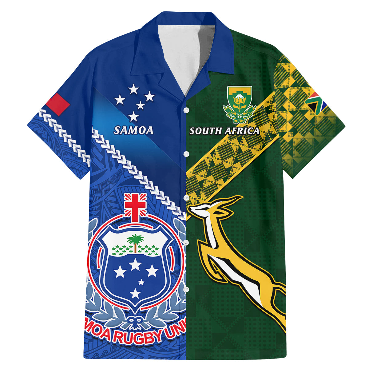 Samoa And South Africa Rugby Family Matching Mermaid Dress and Hawaiian Shirt 2023 World Cup Manu Samoa With Springboks LT14 Dad's Shirt - Short Sleeve Blue - Polynesian Pride