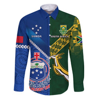 Samoa And South Africa Rugby Family Matching Mermaid Dress and Hawaiian Shirt 2023 World Cup Manu Samoa With Springboks LT14 Dad's Shirt - Long Sleeve Blue - Polynesian Pride