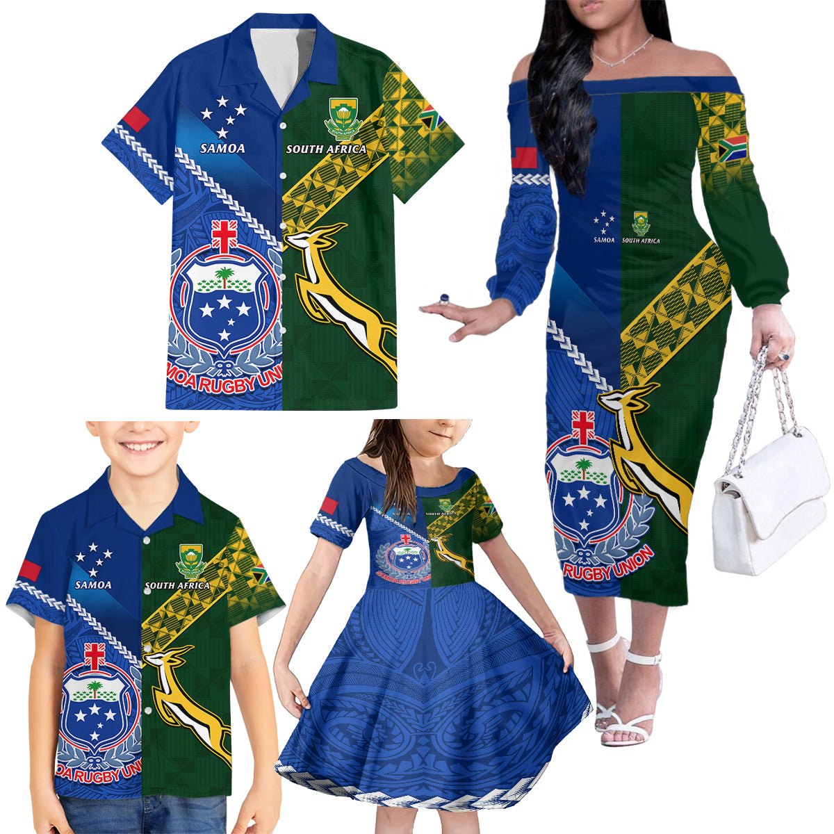 Samoa And South Africa Rugby Family Matching Off Shoulder Long Sleeve Dress and Hawaiian Shirt 2023 World Cup Manu Samoa With Springboks LT14 - Polynesian Pride