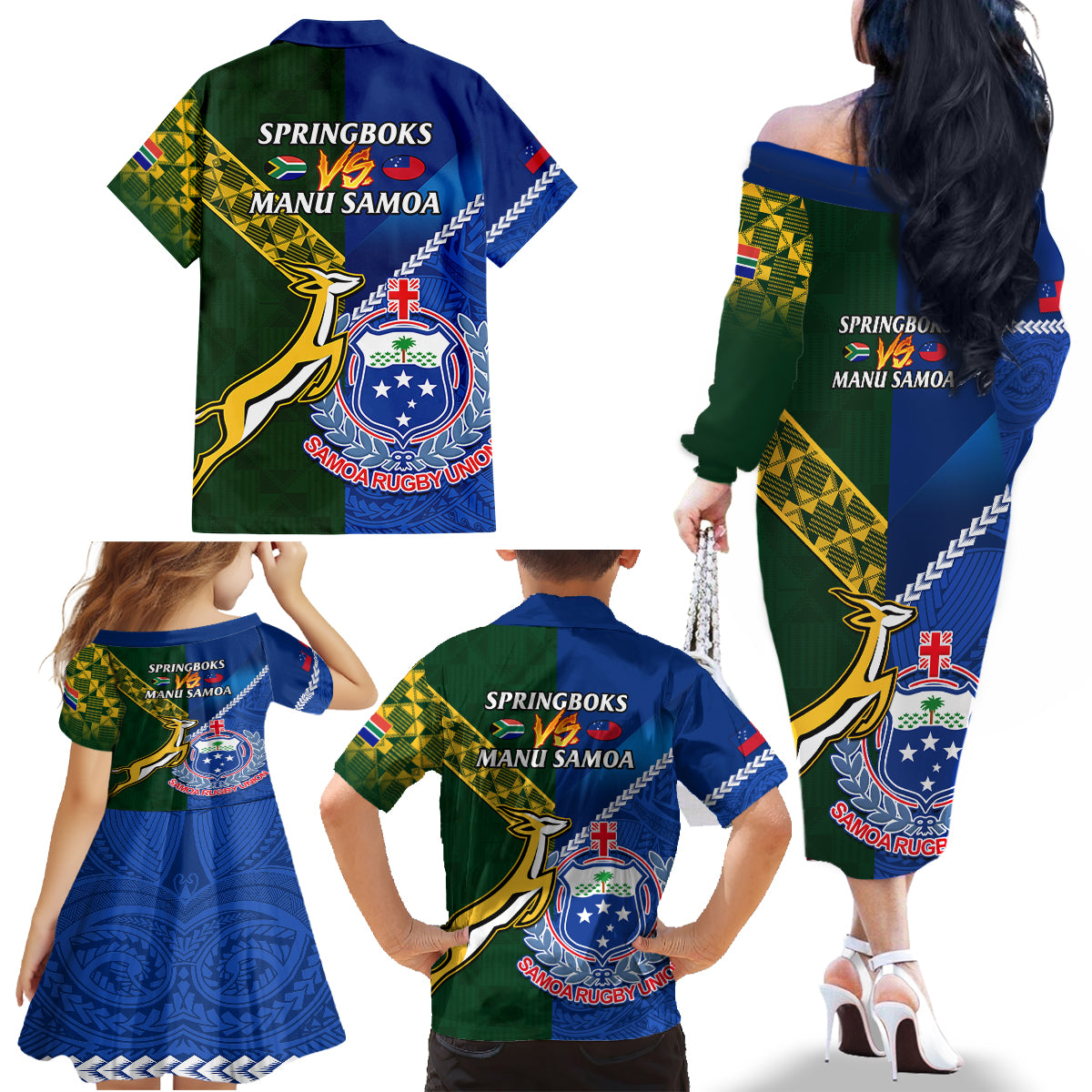 Samoa And South Africa Rugby Family Matching Off Shoulder Long Sleeve Dress and Hawaiian Shirt 2023 World Cup Manu Samoa With Springboks LT14 - Polynesian Pride