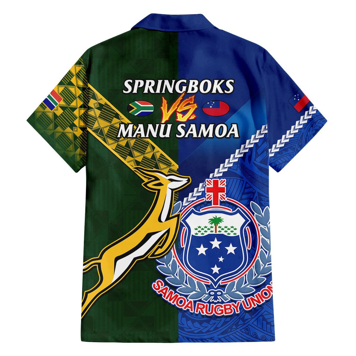 Samoa And South Africa Rugby Family Matching Off Shoulder Long Sleeve Dress and Hawaiian Shirt 2023 World Cup Manu Samoa With Springboks LT14 - Polynesian Pride