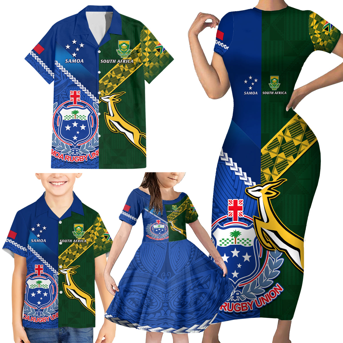 Samoa And South Africa Rugby Family Matching Short Sleeve Bodycon Dress and Hawaiian Shirt 2023 World Cup Manu Samoa With Springboks LT14 - Polynesian Pride