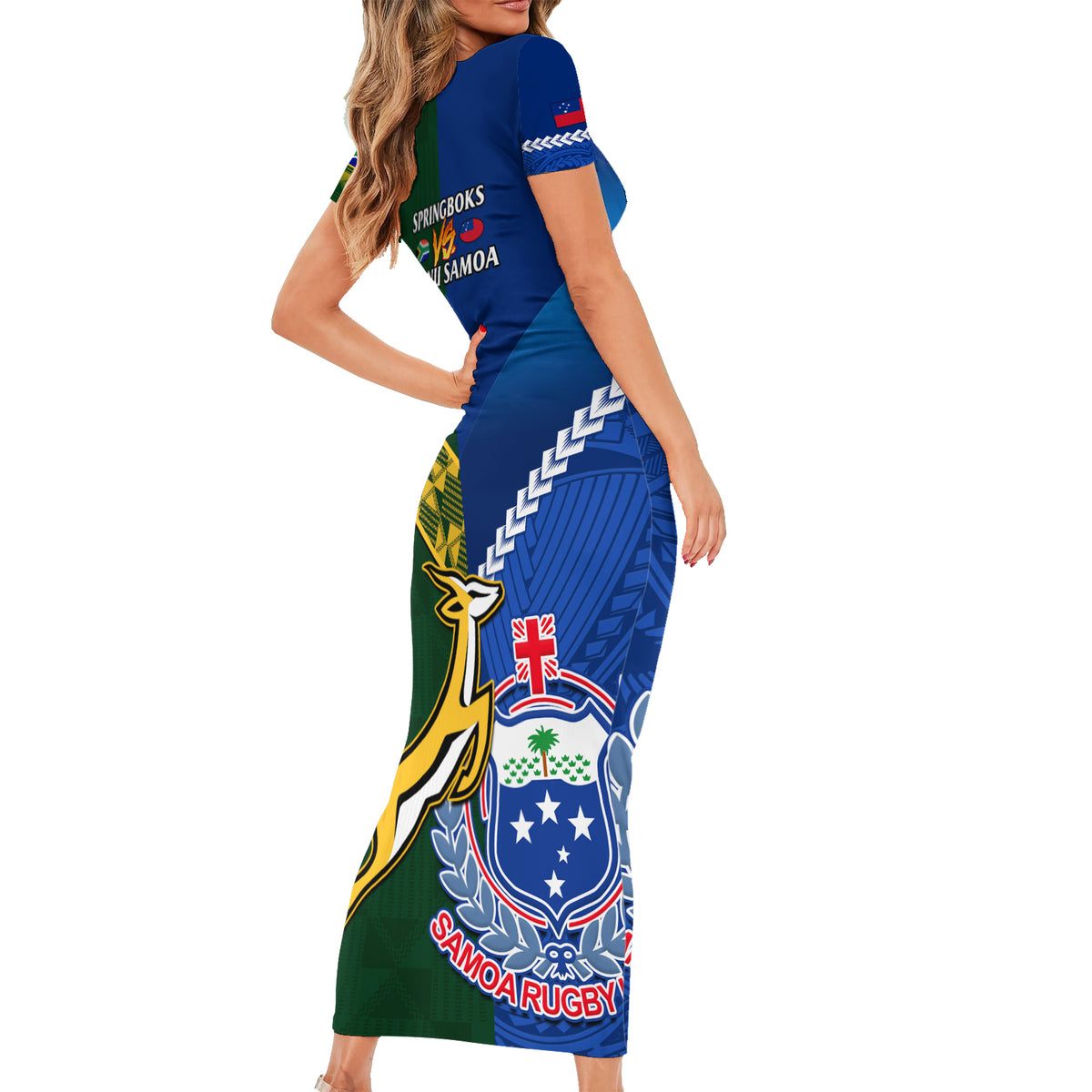 Samoa And South Africa Rugby Family Matching Short Sleeve Bodycon Dress and Hawaiian Shirt 2023 World Cup Manu Samoa With Springboks LT14 - Polynesian Pride