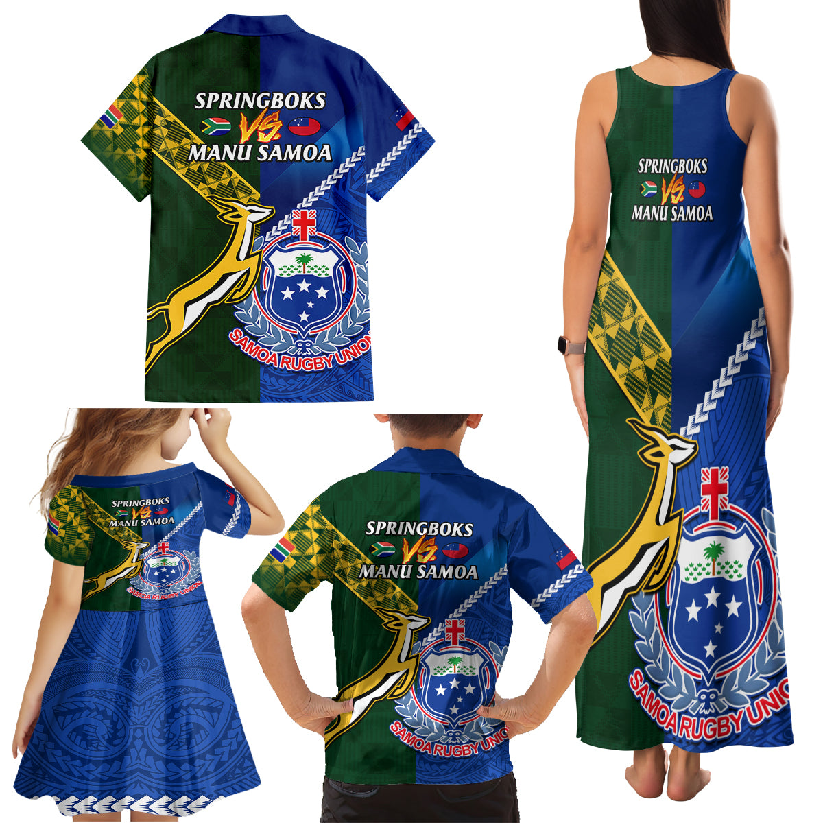 Samoa And South Africa Rugby Family Matching Tank Maxi Dress and Hawaiian Shirt 2023 World Cup Manu Samoa With Springboks LT14 - Polynesian Pride