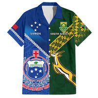Samoa And South Africa Rugby Family Matching Tank Maxi Dress and Hawaiian Shirt 2023 World Cup Manu Samoa With Springboks LT14 Dad's Shirt - Short Sleeve Blue - Polynesian Pride
