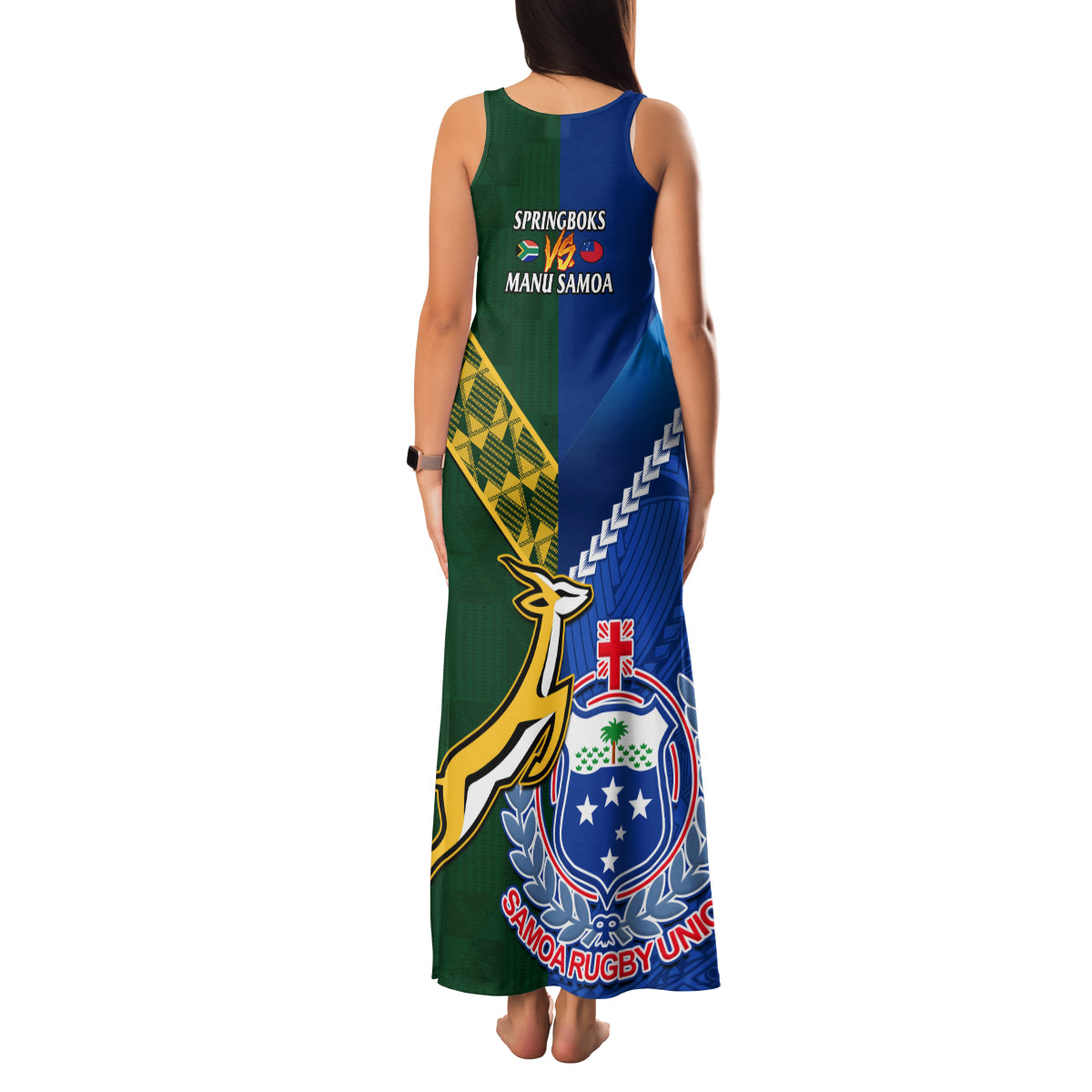 Samoa And South Africa Rugby Family Matching Tank Maxi Dress and Hawaiian Shirt 2023 World Cup Manu Samoa With Springboks LT14 - Polynesian Pride