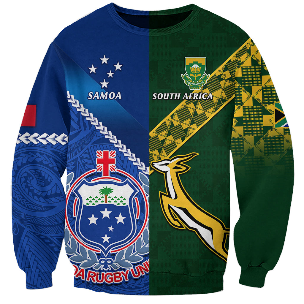 Samoa And South Africa Rugby Sweatshirt 2023 World Cup Manu Samoa With Springboks LT14 Unisex Blue - Polynesian Pride
