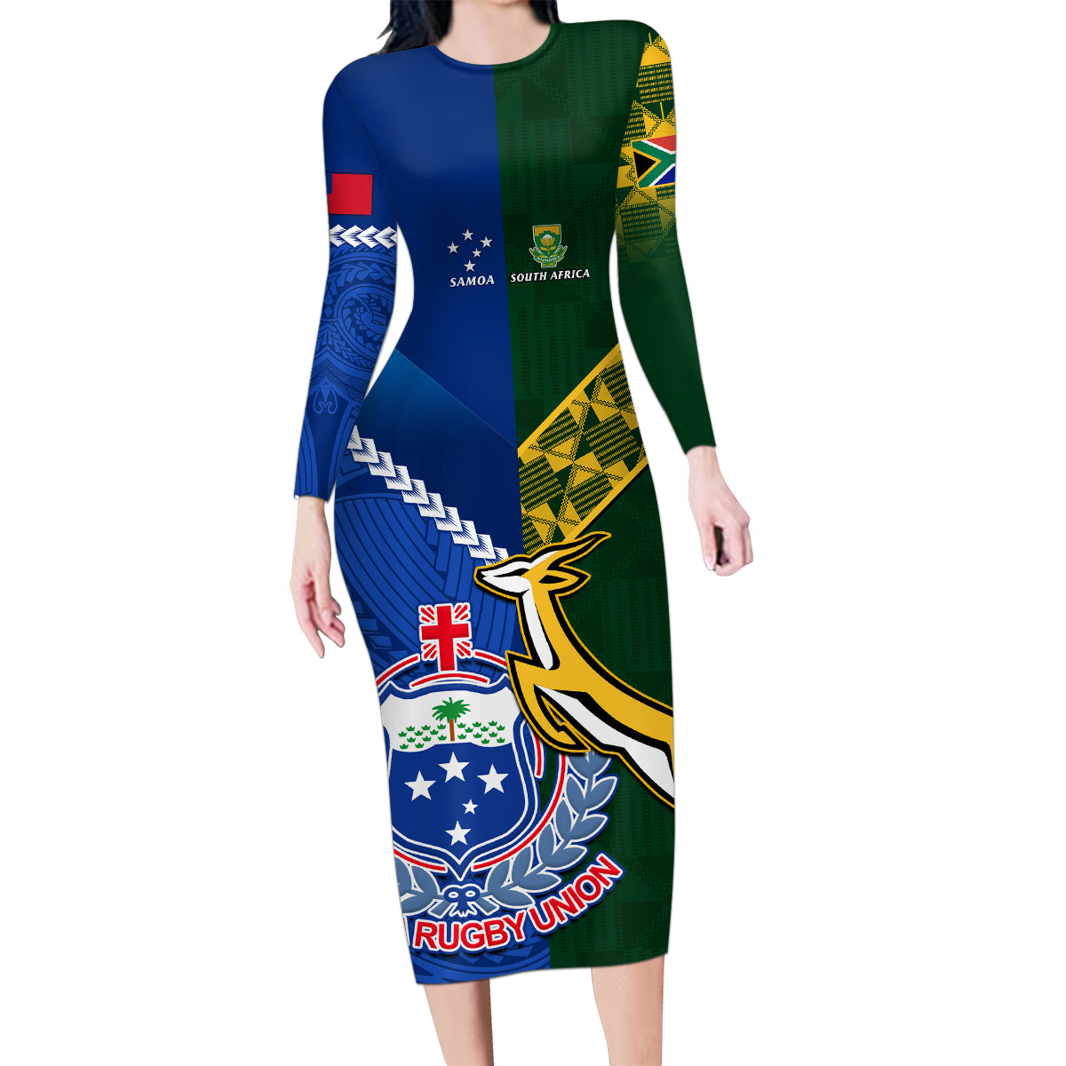 Custom Samoa And South Africa Rugby Family Matching Long Sleeve Bodycon Dress and Hawaiian Shirt 2023 World Cup Manu Samoa With Springboks LT14 Mom's Dress Blue - Polynesian Pride