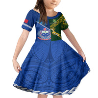 Custom Samoa And South Africa Rugby Family Matching Mermaid Dress and Hawaiian Shirt 2023 World Cup Manu Samoa With Springboks LT14 Daughter's Dress Blue - Polynesian Pride