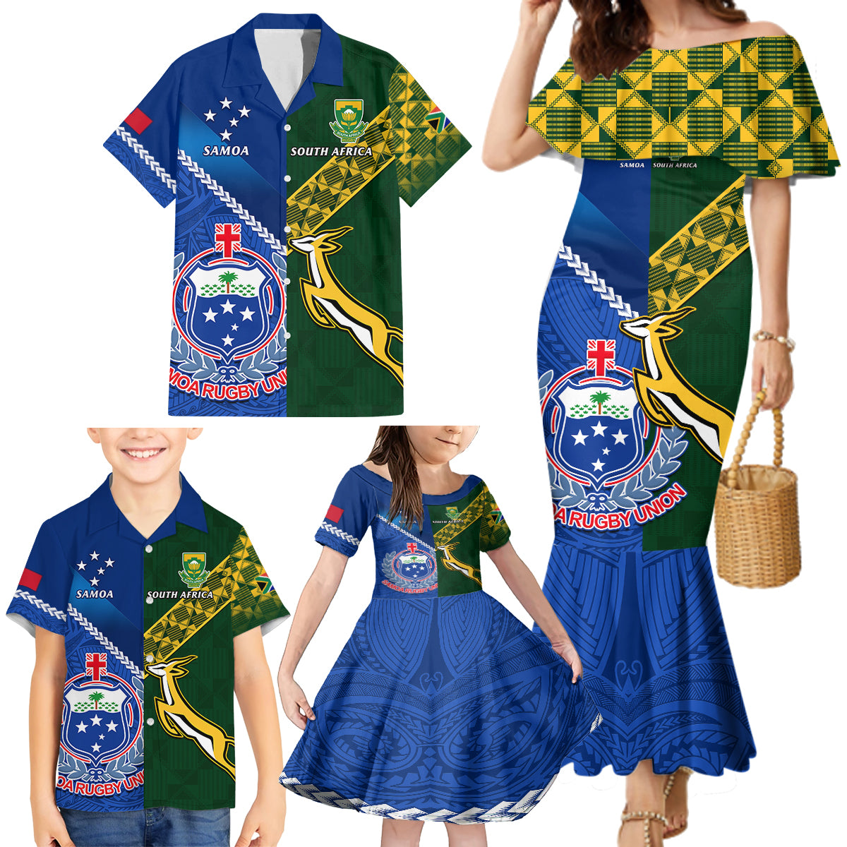 Custom Samoa And South Africa Rugby Family Matching Mermaid Dress and Hawaiian Shirt 2023 World Cup Manu Samoa With Springboks LT14 - Polynesian Pride