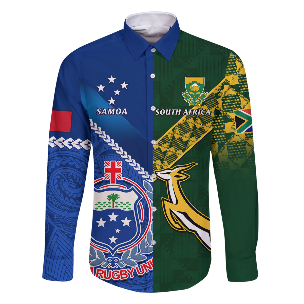 Custom Samoa And South Africa Rugby Family Matching Mermaid Dress and Hawaiian Shirt 2023 World Cup Manu Samoa With Springboks LT14 Dad's Shirt - Long Sleeve Blue - Polynesian Pride