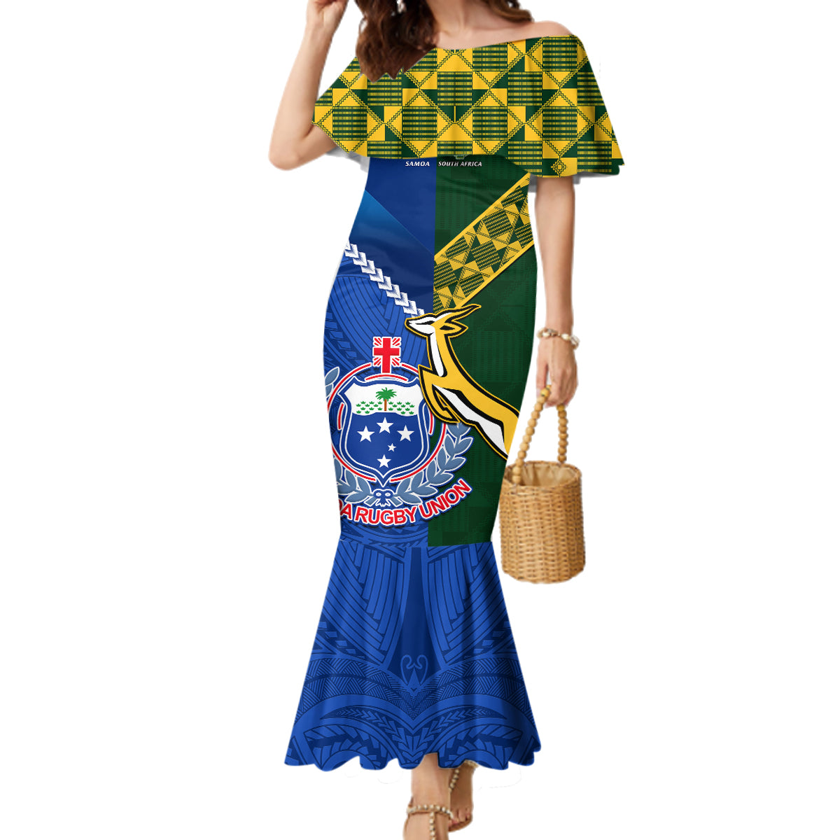 Custom Samoa And South Africa Rugby Family Matching Mermaid Dress and Hawaiian Shirt 2023 World Cup Manu Samoa With Springboks LT14 Mom's Dress Blue - Polynesian Pride
