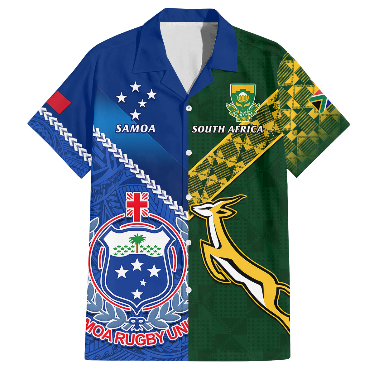 Custom Samoa And South Africa Rugby Family Matching Off Shoulder Long Sleeve Dress and Hawaiian Shirt 2023 World Cup Manu Samoa With Springboks LT14 Dad's Shirt - Short Sleeve Blue - Polynesian Pride