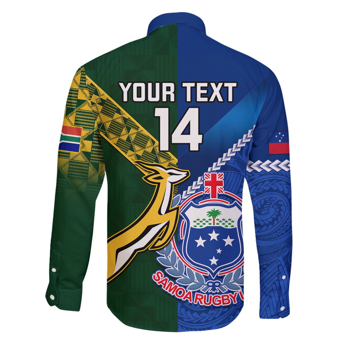 Custom Samoa And South Africa Rugby Family Matching Off Shoulder Long Sleeve Dress and Hawaiian Shirt 2023 World Cup Manu Samoa With Springboks LT14 - Polynesian Pride