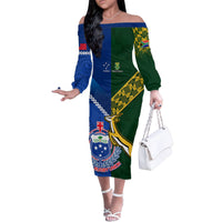 Custom Samoa And South Africa Rugby Family Matching Off Shoulder Long Sleeve Dress and Hawaiian Shirt 2023 World Cup Manu Samoa With Springboks LT14 Mom's Dress Blue - Polynesian Pride