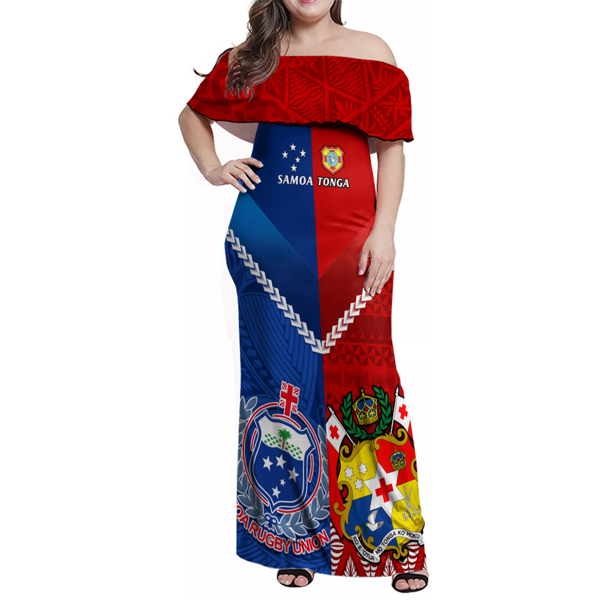 Samoa And Tonga Rugby Family Matching Off Shoulder Maxi Dress and Hawaiian Shirt 2023 World Cup Manu Samoa With Ikale Tahi LT14 Mom's Dress Blue - Polynesian Pride