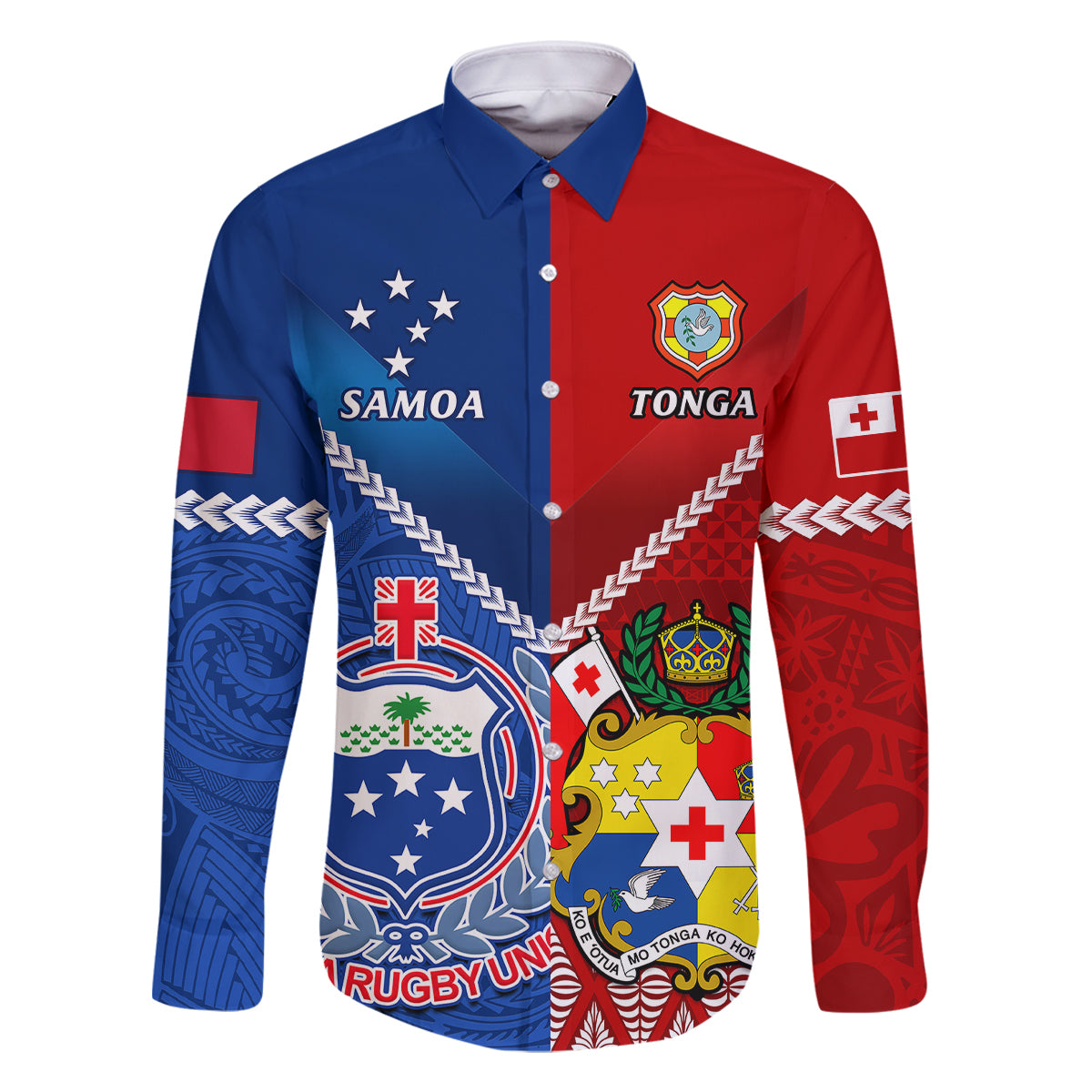 Custom Samoa And Tonga Rugby Family Matching Off Shoulder Short Dress and Hawaiian Shirt 2023 World Cup Manu Samoa With Ikale Tahi LT14 Dad's Shirt - Long Sleeve Blue - Polynesian Pride