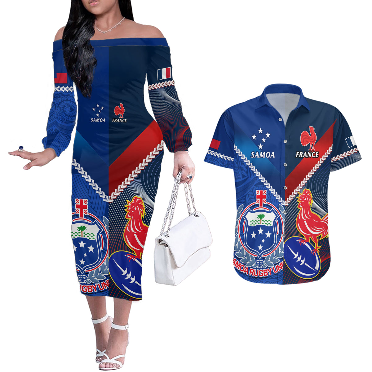 Samoa And France Rugby Couples Matching Off The Shoulder Long Sleeve Dress and Hawaiian Shirt 2023 World Cup Manu Samoa With Les Bleus LT14 Blue - Polynesian Pride