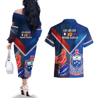 Samoa And France Rugby Couples Matching Off The Shoulder Long Sleeve Dress and Hawaiian Shirt 2023 World Cup Manu Samoa With Les Bleus LT14 - Polynesian Pride